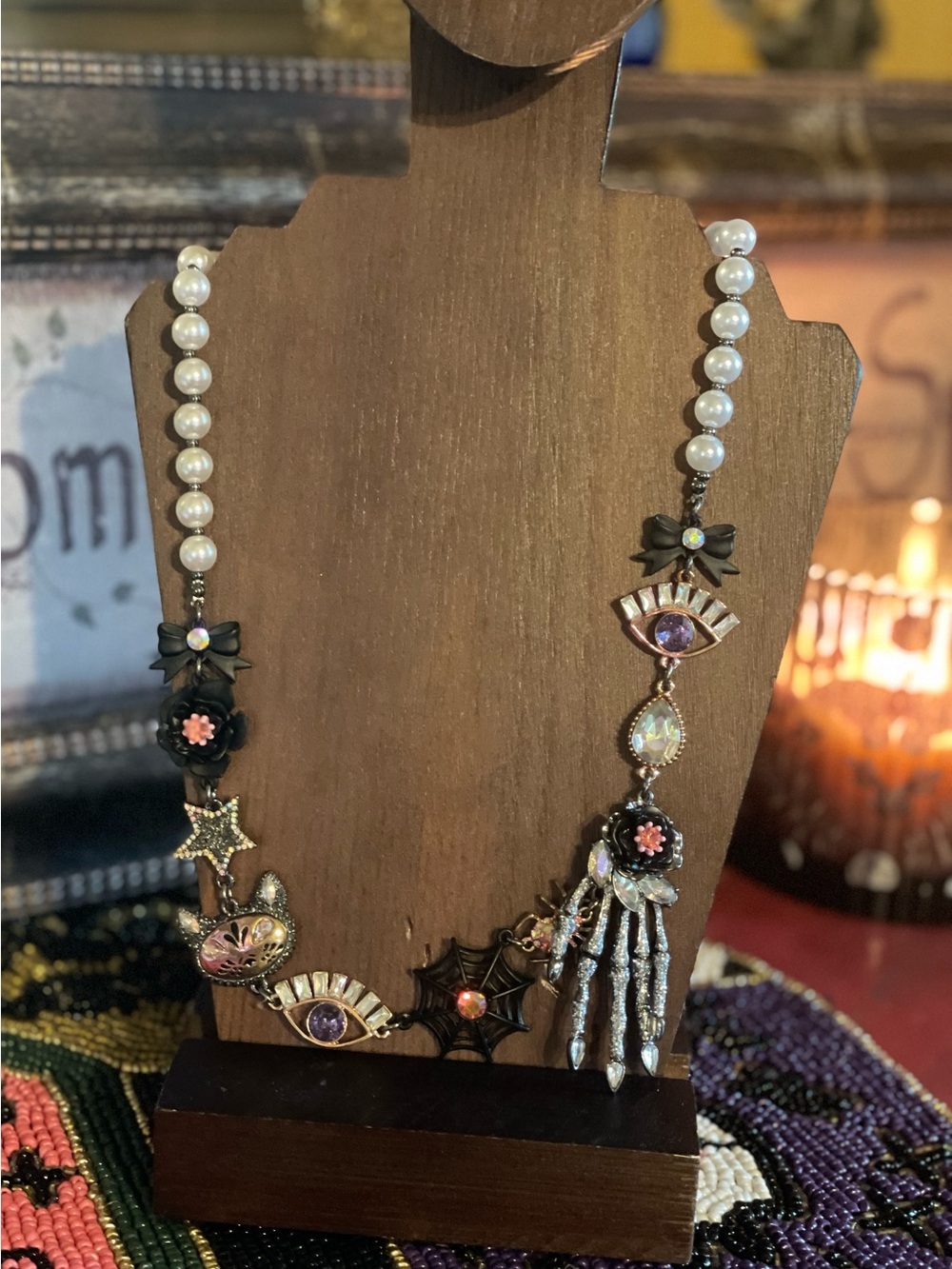 BETSEY JOHNSON Halloween Gothic Glam Bling Crystal Pearl Statement Necklace